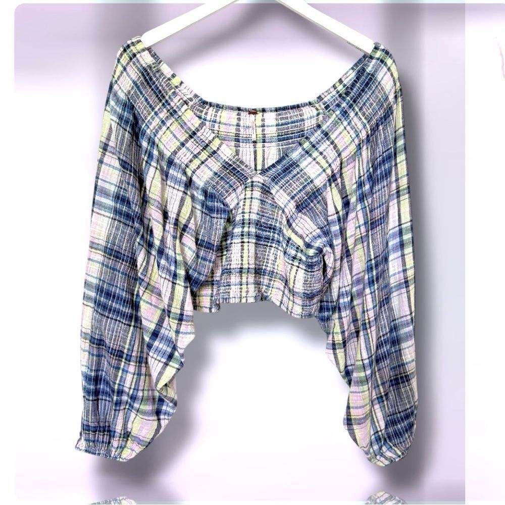 Free People Marlena Plaid Reversable Gauze Smocked Top NWOT Size S - Picture 2 of 16